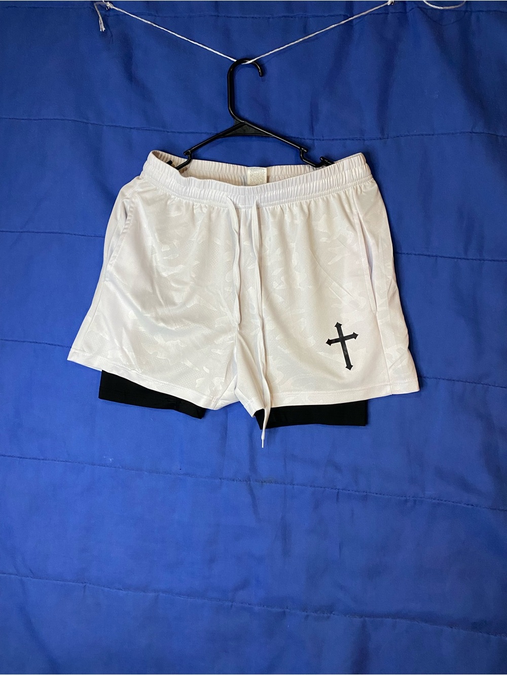 Men's White Athletic Shorts with Black Cross Accent